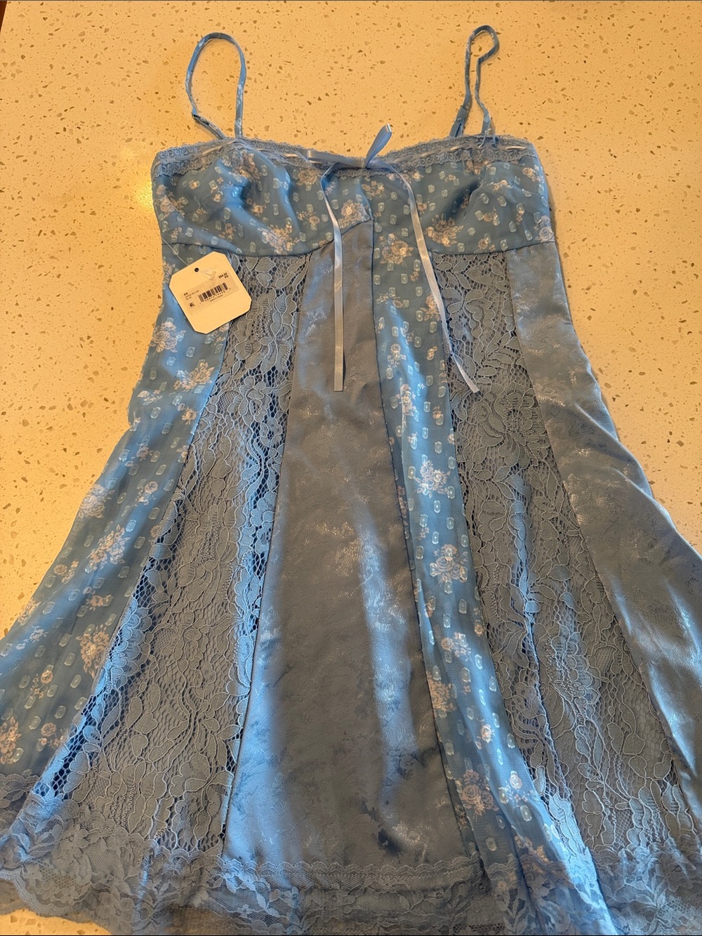 Altar'd State Light Blue Lace-Panel Satin Chemise